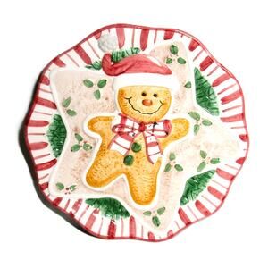 Gingerbread Serving Platter Ceramic Round Peppermint Border Scalloped 11 inches